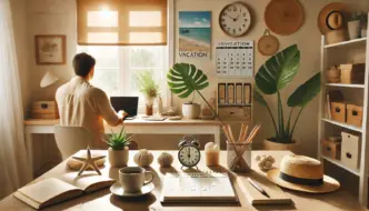 Dall·e 2024 08 26 19.41.36 A Serene Image Of A Person Returning To Work After Vacation Sitting At A Desk With A Laptop Surrounded By Soothing Elements Like Plants Coffee And