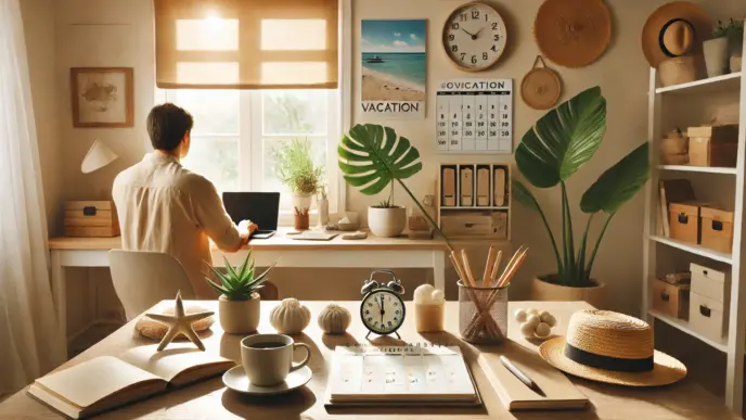 DALL·E 2024 08 26 19.41.36 A serene image of a person returning to work after vacation sitting at a desk with a laptop surrounded by soothing elements like plants coffee and