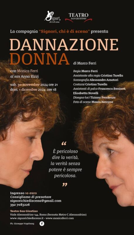 Monica Ferri in scena al Teatro San Giustino: “Dannazione Donna” il 30 novembre e 1 dicembre