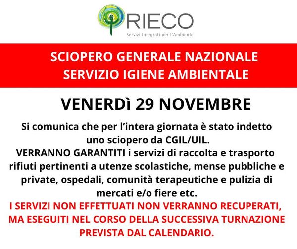 Sciopero del 29 novembre a Cerveteri coinvolge anche il servizio di igiene ambientale