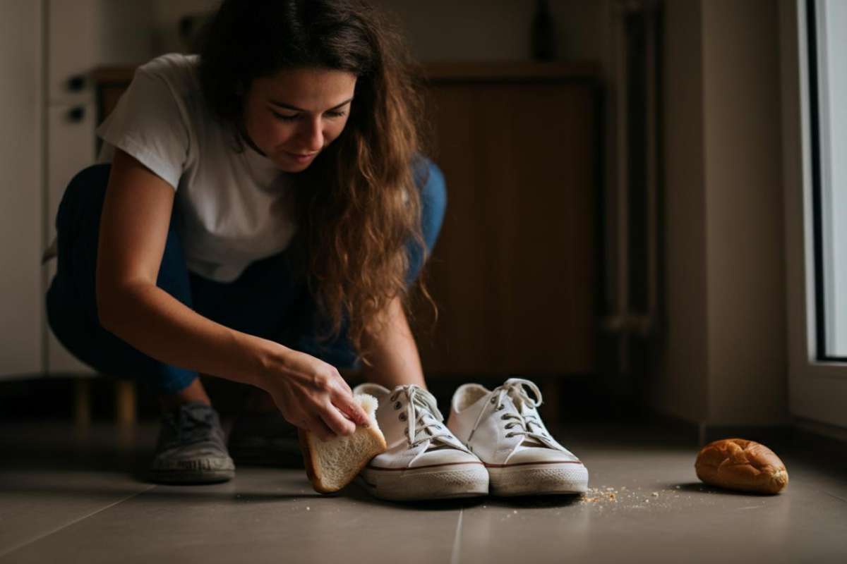 pulizia delle scarpe conla mollica del pane